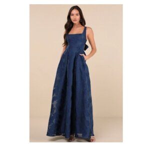 LuLu's Perfected Aura Navy Jacquard Tie-Back Maxi Dress w Pockets, NWT, Sz Med